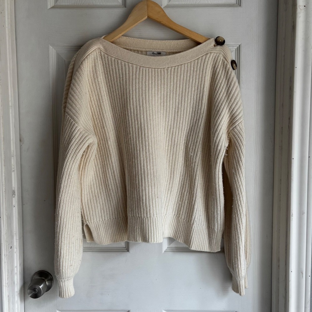 Madewell Cream‎ Ribbed Boat Neck Button Shoulder Sweater Size L Merino Wool
